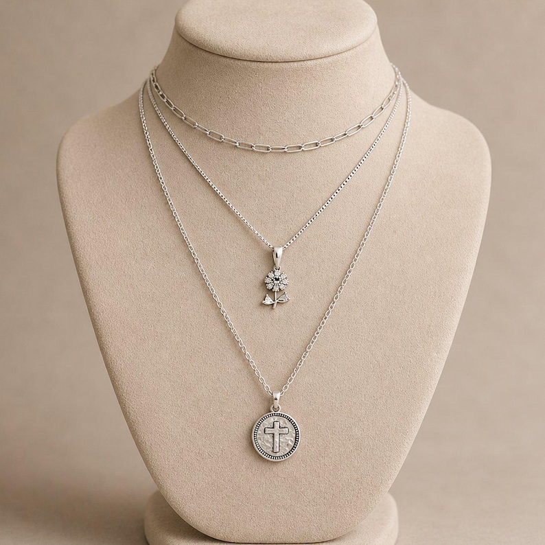 CZ Flower/Dragonfly Cross Layered Necklace Set, Silver - - LadybugfeetDesigns -