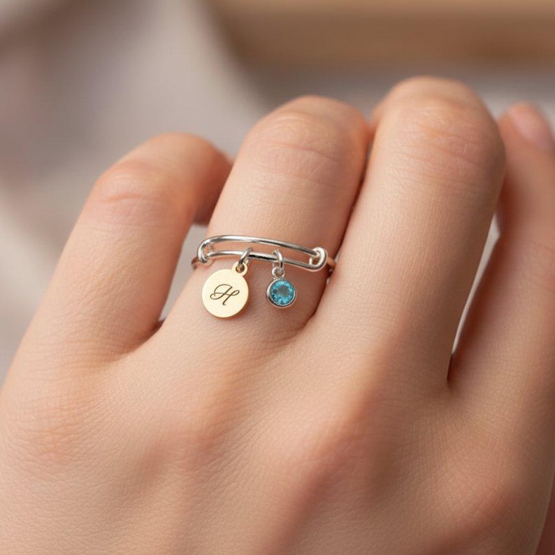 Expandable Initial & Birthstone Charm Ring,Gift for her - - LadybugfeetDesigns -