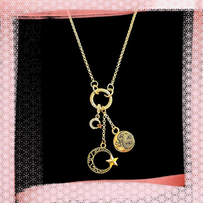 Crescent Moon Star Charm Keeper Necklace, Gold - 18 - 24 inches - - LadybugfeetDesigns -