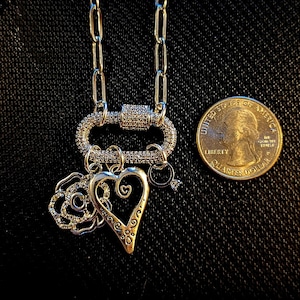 Romantic Rose, Heart, Diamond Ring Carabiner Necklace, Silver - 20 inch - - LadybugfeetDesigns -