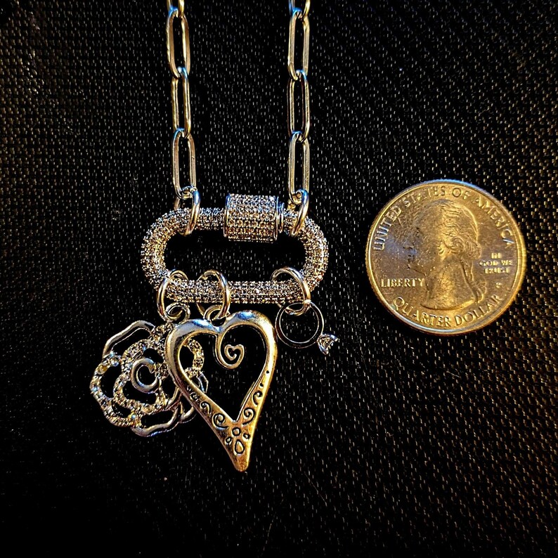 Romantic Rose, Heart, Diamond Ring Carabiner Necklace, Silver - 20 inch - - LadybugfeetDesigns -