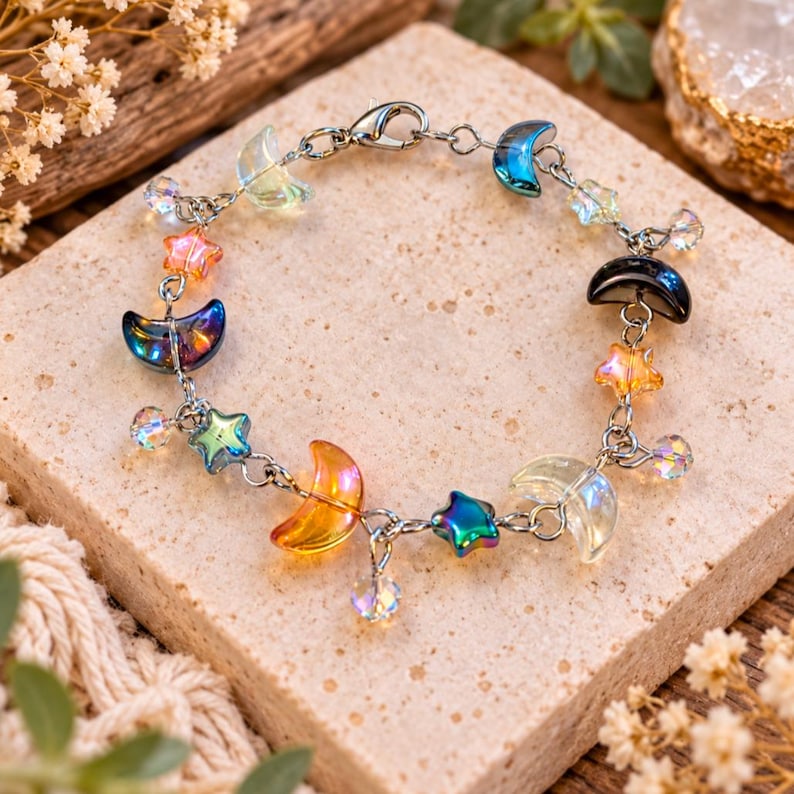 Celestial Moon Star Crystal Bead Bracelet, Silver - - LadybugfeetDesigns -