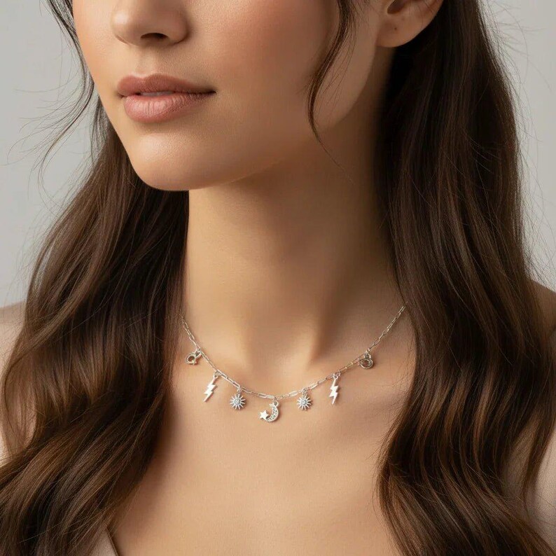 Celestial Multi Charm Link Necklace, .925 Sterling Silver - 20 inch - - LadybugfeetDesigns -
