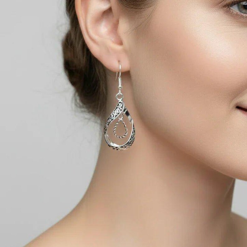 Double Tear Drop Ornate Dangle Earrings - - LadybugfeetDesigns -