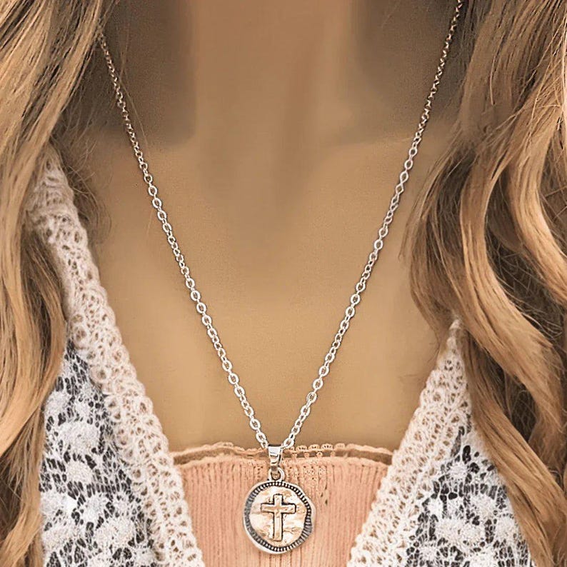 Hammered Cross Coin Necklace- Silver - 20 - 24 inch - - LadybugfeetDesigns -