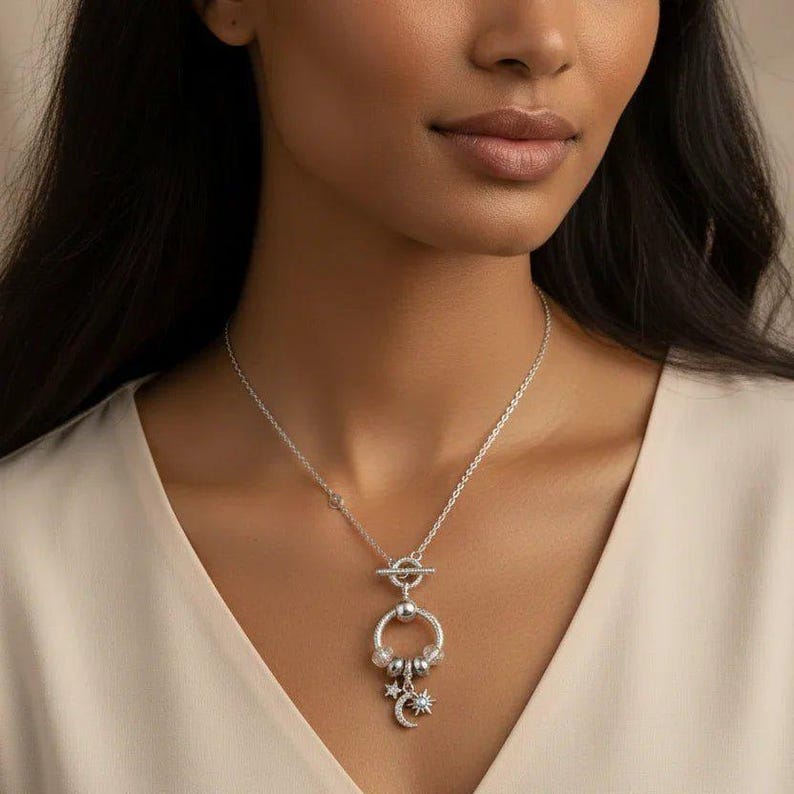Moon Sun Star Sterling Silver Toggle Charm Necklace, 20 inches - - LadybugfeetDesigns -