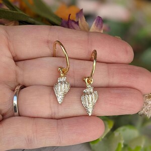 White Pearl Conch Seashell gold hoop earrings, Hoop Drop, 16mm - - LadybugfeetDesigns -