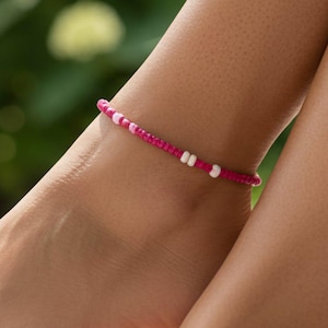 Beaded Stretch Cord Anklet-Fuchsia - - LadybugfeetDesigns -