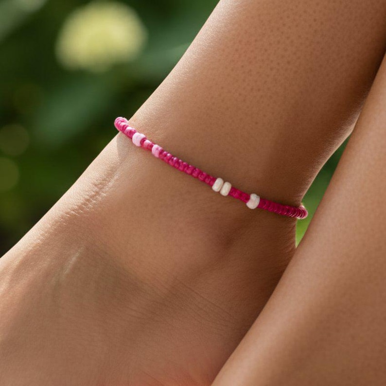Beaded Stretch Cord Anklet-Fuchsia - - LadybugfeetDesigns -