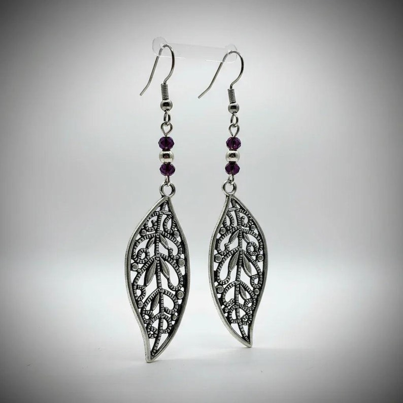 Fancy Leaf Purple Crystal Earrings - - LadybugfeetDesigns -