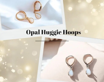 Opal Huggie Hoop earrings, 15mm Hoop Drop, Silver/Gold