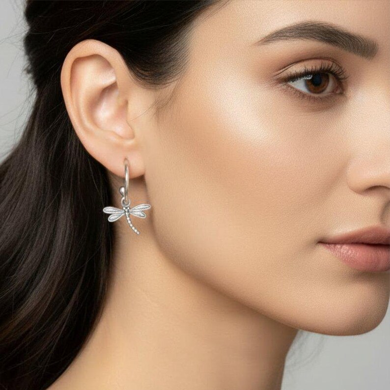 DRAGONFLY Sterling Hoop Earrings, Hoop Drop - - LadybugfeetDesigns -