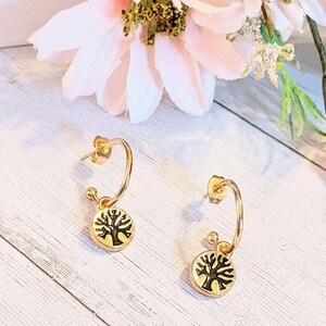 Tree of Life Gold Hoop earrings, Hoop Drop, 16mm - - LadybugfeetDesigns -