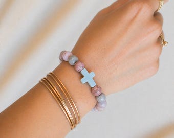 Pink Zebra Jasper Beaded Cross Stretch bracelet