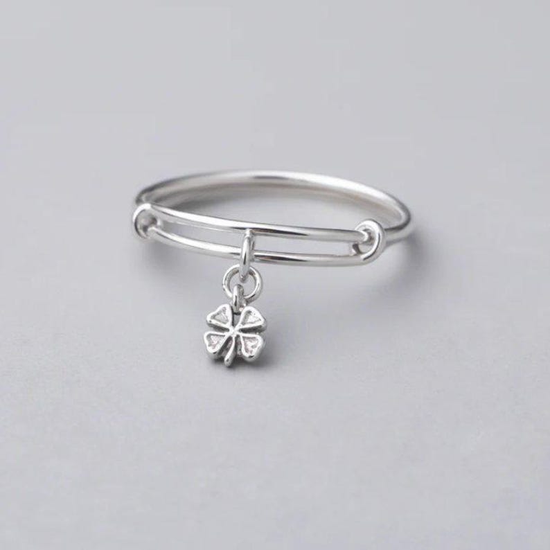 Four Leaf Clover Expandable Charm Ring, Silver - - LadybugfeetDesigns -