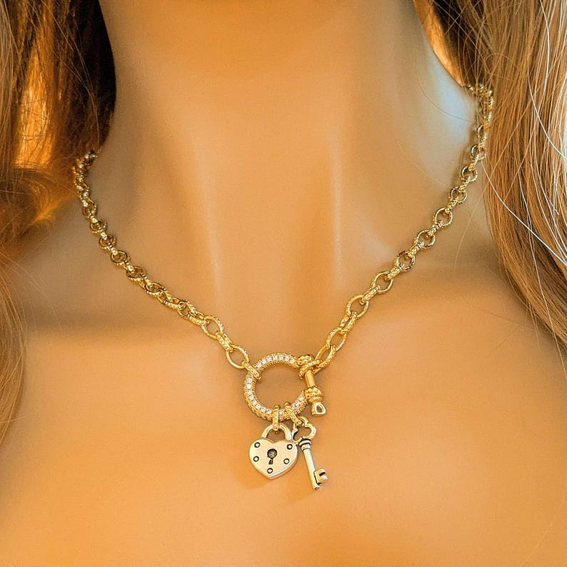 Heart Lock and Key Shackle Clasp Carabiner Necklace, Gold - Adjusts up to 20 inches - - LadybugfeetDesigns -