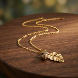 Acorn Oak Leaf Necklace, Gold - - LadybugfeetDesigns -