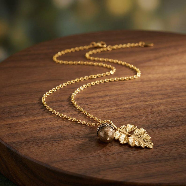 Acorn Oak Leaf Necklace, Gold - - LadybugfeetDesigns -