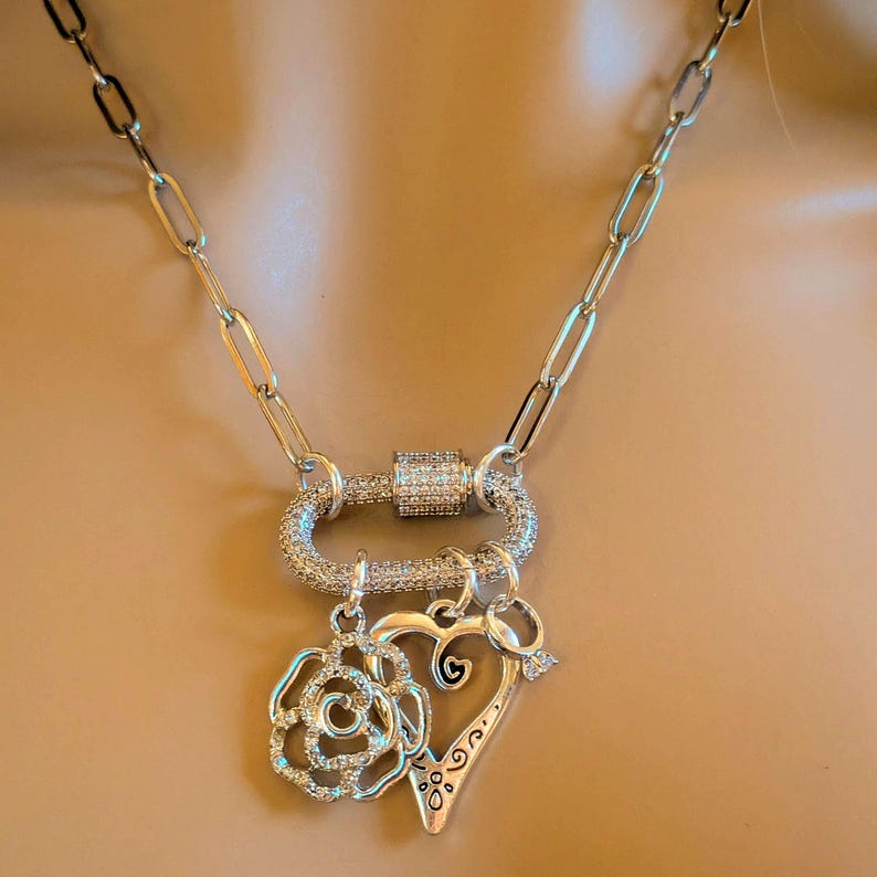 Romantic Rose, Heart, Diamond Ring Carabiner Necklace, Silver - 20 inch - - LadybugfeetDesigns -