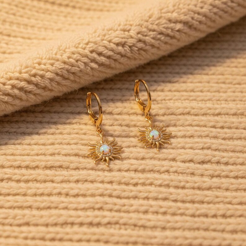 Opal Sun Leverback Hoop Earrings, Gold - - LadybugfeetDesigns -