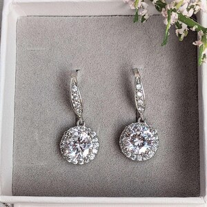 CZ Diamond Halo Earrings-APRIL Birthstone-Wedding Jewelry - - LadybugfeetDesigns -