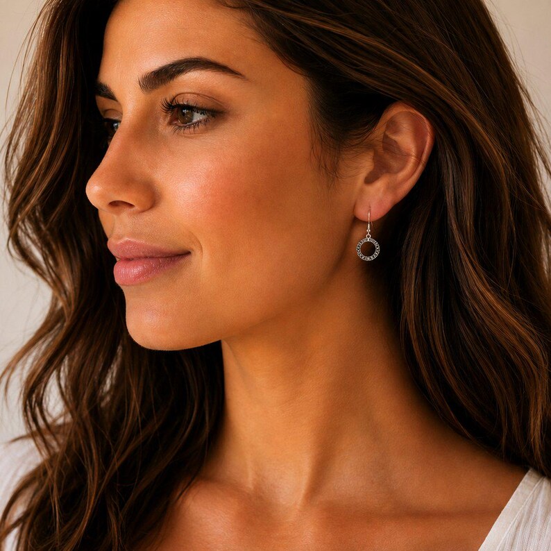 Open Circle Diamond Cut Sterling Dangle earrings - - LadybugfeetDesigns -