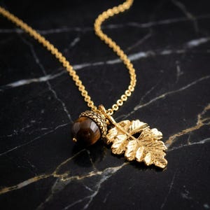Acorn Oak Leaf Necklace, Gold - - LadybugfeetDesigns -