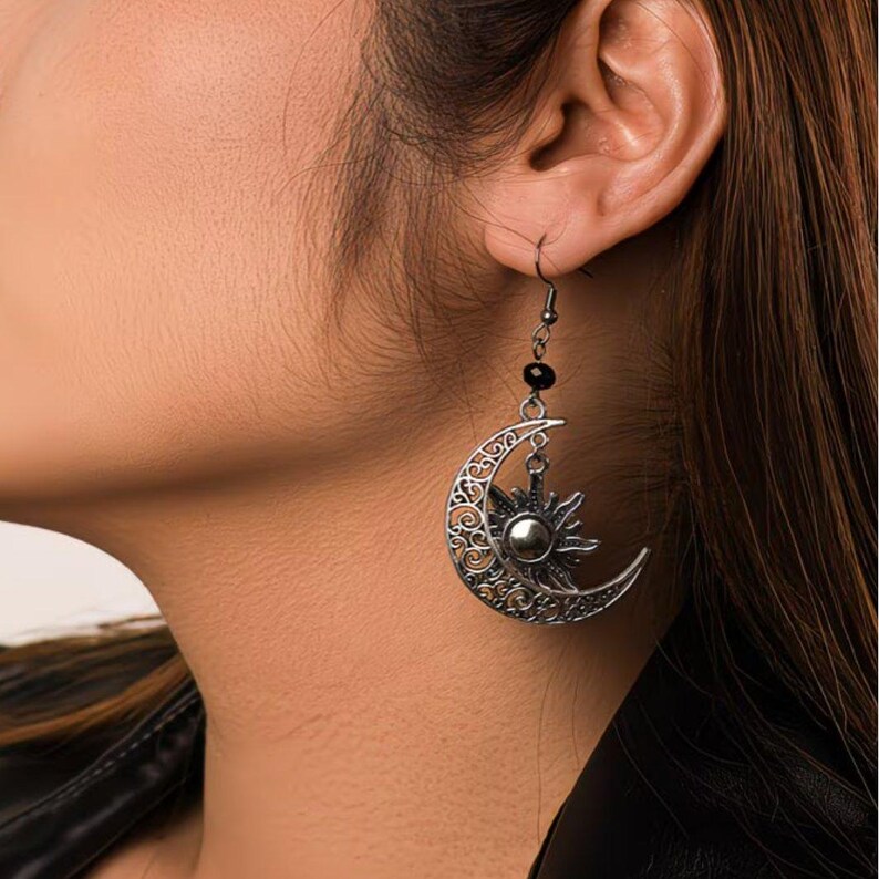 Large Filigree Crescent Moon Sun Hook Earrings, Silver - - LadybugfeetDesigns -