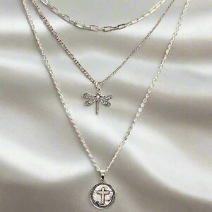 CZ Flower/Dragonfly Cross Layered Necklace Set, Silver - - LadybugfeetDesigns -