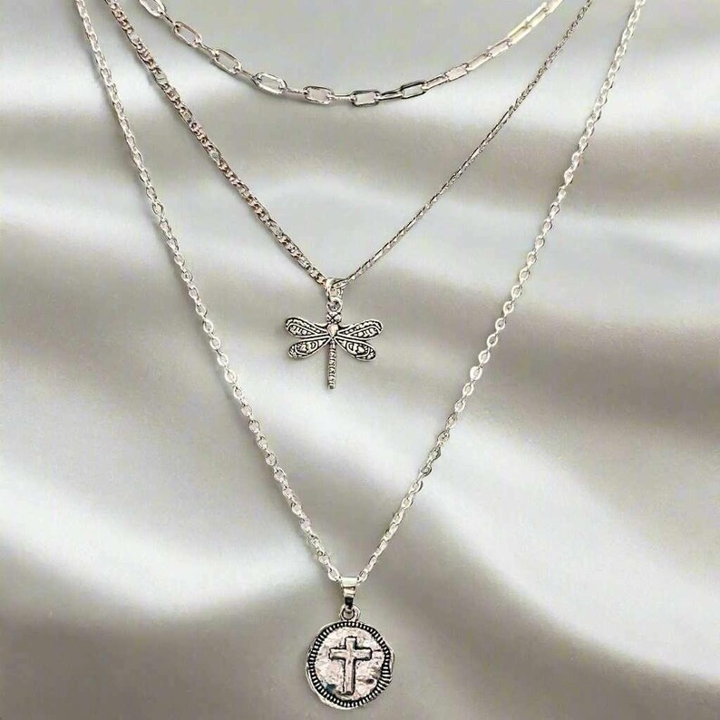 CZ Flower/Dragonfly Cross Layered Necklace Set, Silver - - LadybugfeetDesigns -