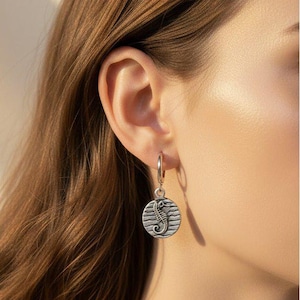 Seahorse Disc Hoop Huggie Earrings, Silver - 12mm - - LadybugfeetDesigns -