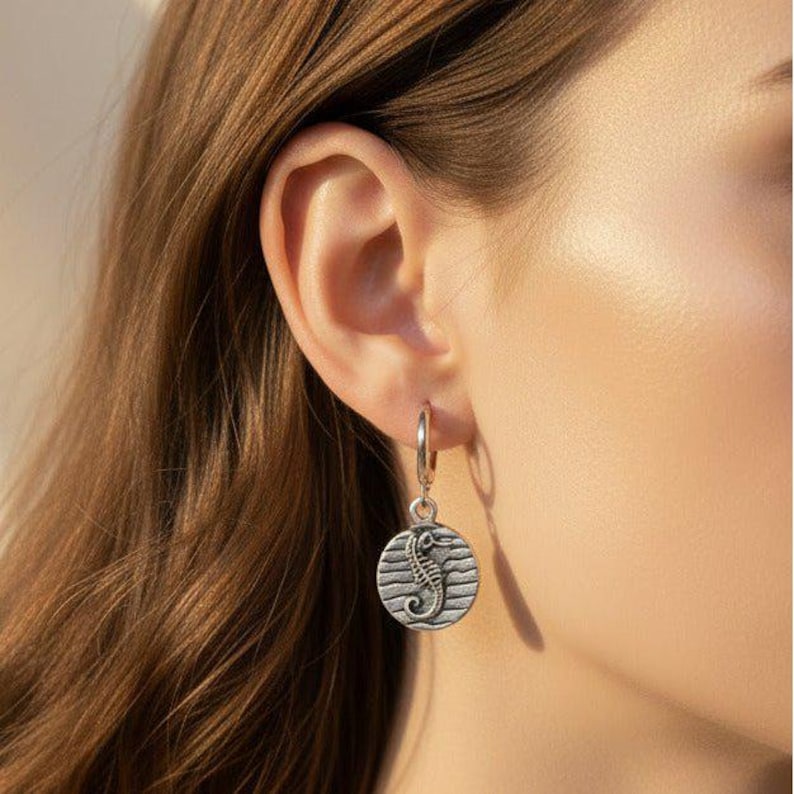Seahorse Disc Hoop Huggie Earrings, Silver - 12mm - - LadybugfeetDesigns -