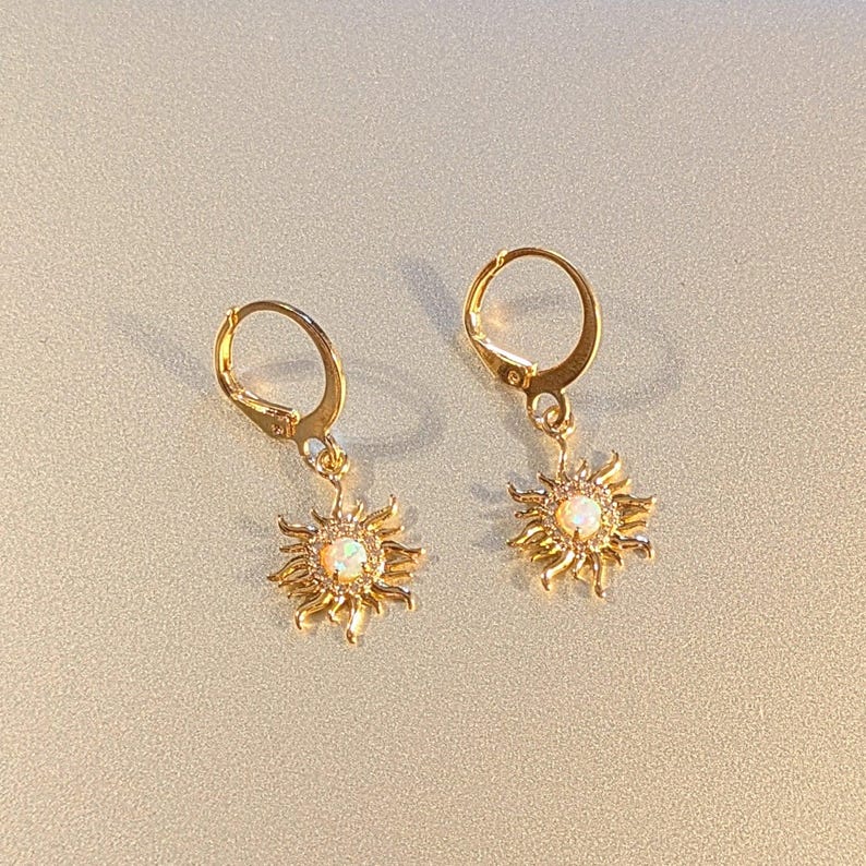 Opal Sun Leverback Hoop Earrings, Gold - - LadybugfeetDesigns -
