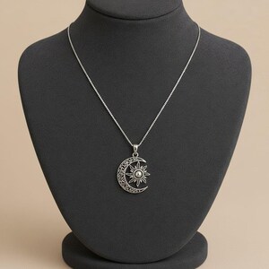 Filigree Crescent Moon Sun Necklace, Sterling Silver- 24 inches - - LadybugfeetDesigns -