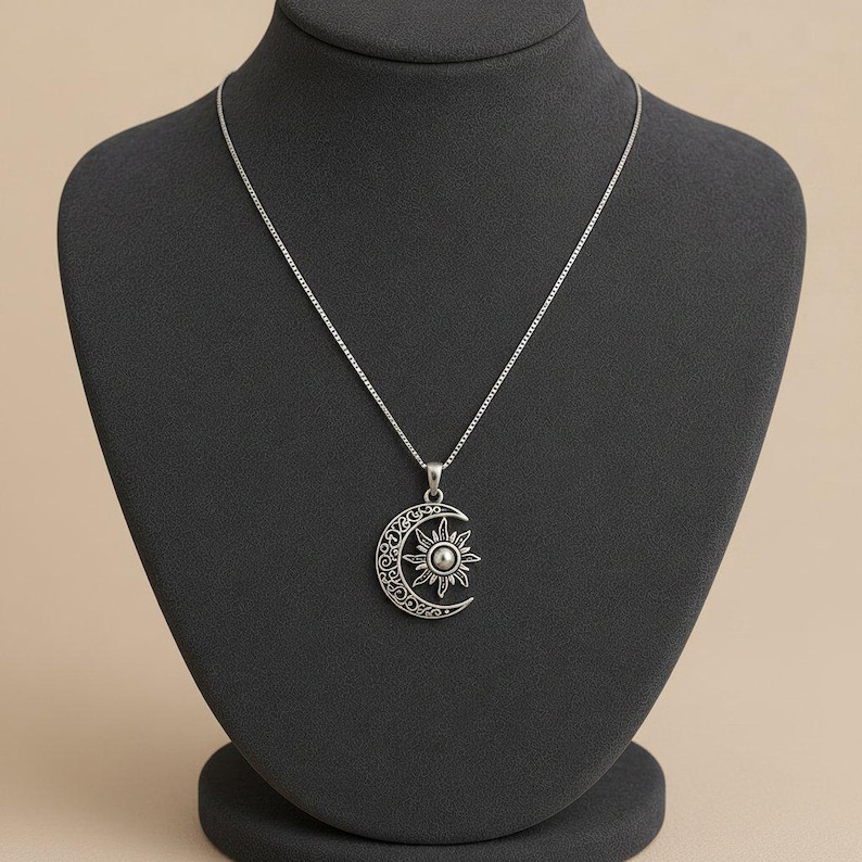 Filigree Crescent Moon Sun Necklace, Sterling Silver- 24 inches - - LadybugfeetDesigns -