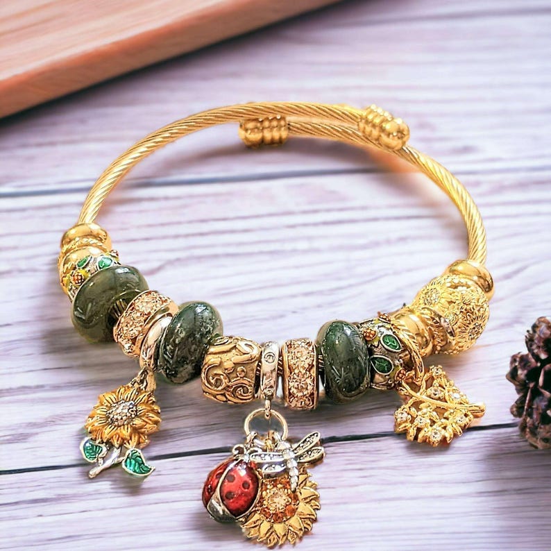 Garden Party Euro Cuff Wrap Bracelet, Gold - - LadybugfeetDesigns -