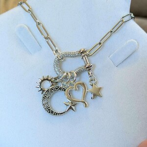 Celestial Crescent Moon and Heart Shackle Clasp Carabiner Necklace, Silver - 20 inch - - LadybugfeetDesigns -