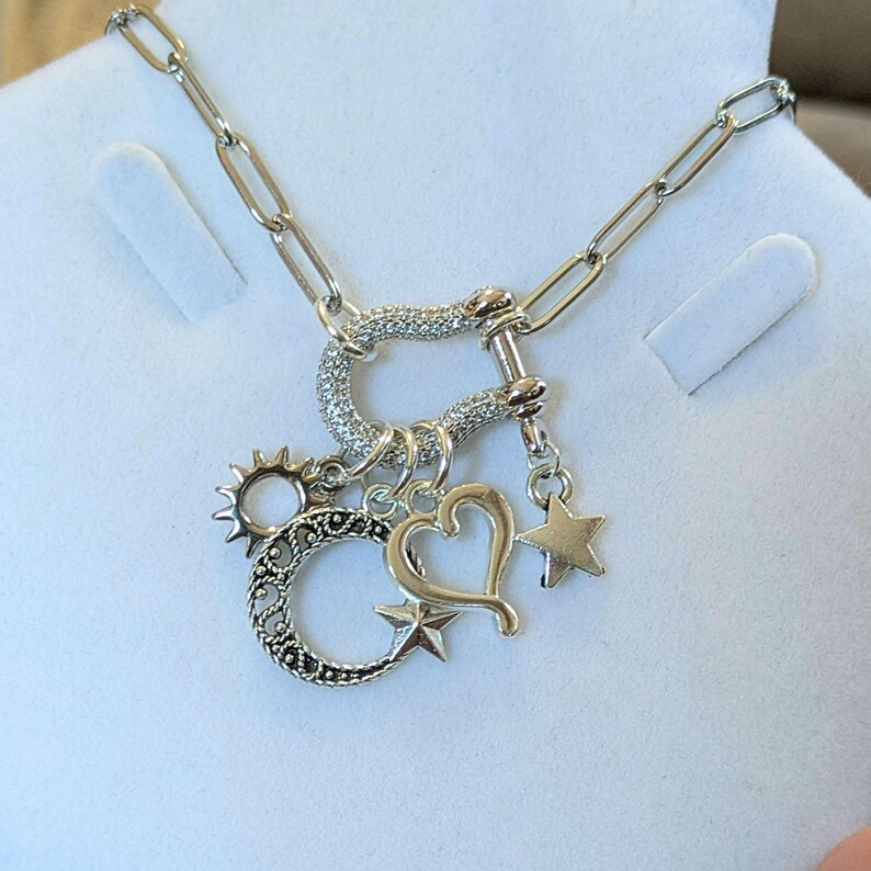 Celestial Crescent Moon and Heart Shackle Clasp Carabiner Necklace, Silver - 20 inch - - LadybugfeetDesigns -