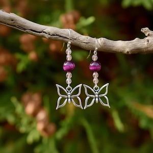 Pink Tiger's Eye Beaded Butterfly Earrings - - LadybugfeetDesigns -