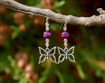 Pink Tiger's Eye Beaded Butterfly Earrings
