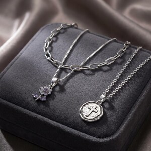 CZ Flower Cross Layered Necklace Set, Silver - - LadybugfeetDesigns -