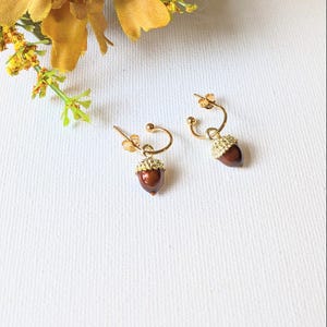 Acorn Hoop Earrings, Gold - 12mm - - LadybugfeetDesigns -