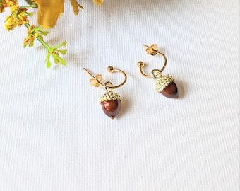 Acorn Hoop Earrings, Gold - 12mm
