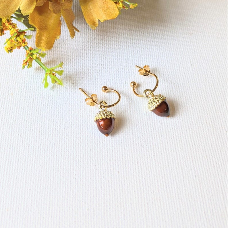Acorn Hoop Earrings, Gold - 12mm - - LadybugfeetDesigns -