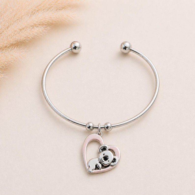Koala Heart Euro Bangle Cuff, Silver - - LadybugfeetDesigns -
