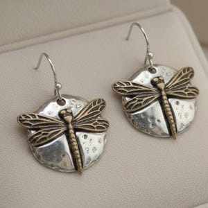 Dragonfly Hammered Disc Dangle Earrings, Two-Toned - - LadybugfeetDesigns -