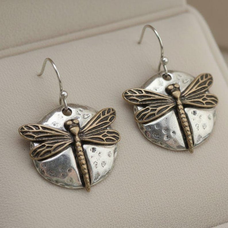 Dragonfly Hammered Disc Dangle Earrings, Two-Toned - - LadybugfeetDesigns -