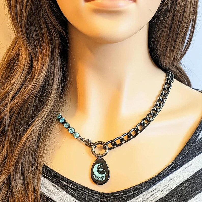 Black and Crystal Crescent Moon Snap Ring Necklace - 24 inch