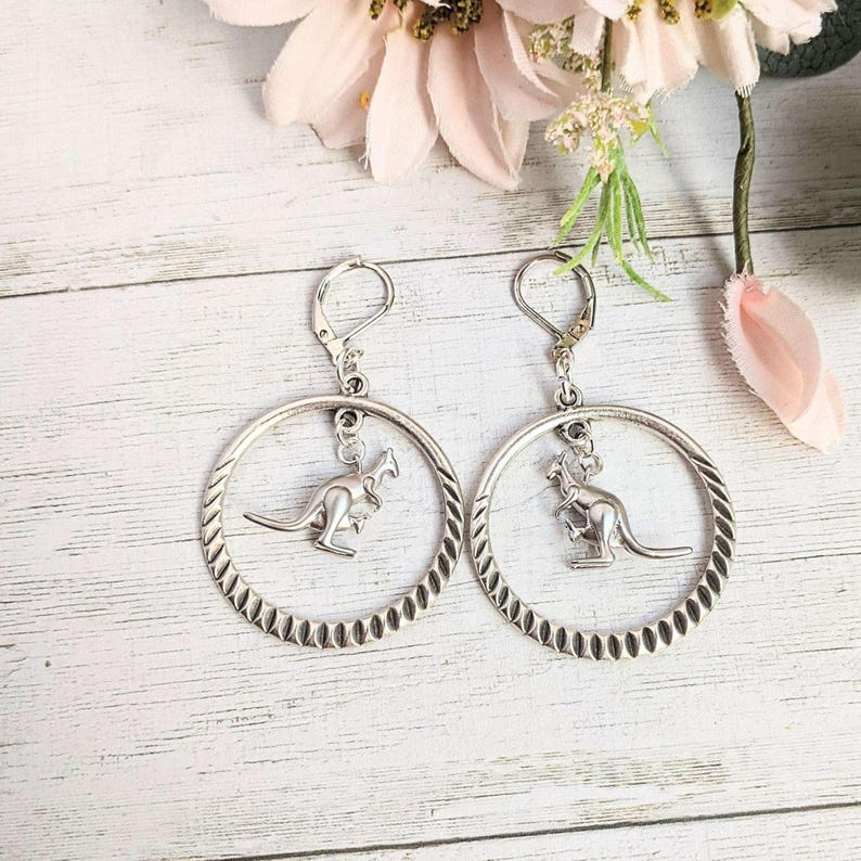 Kangaroo Mama & Joey Leverback Hook Earrings - - LadybugfeetDesigns -