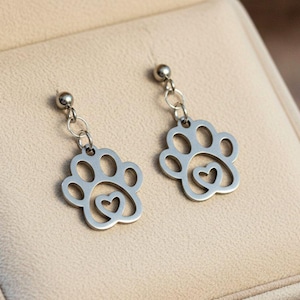 Dog Paw Charm Drop Stud Earrings-Silver - - LadybugfeetDesigns -